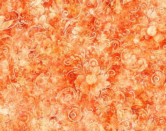 May include: Orange and cream floral fabric with a watercolor effect. The design features detailed flowers, leaves, and swirling vines. The fabric has a textured appearance, with variations in color and tone.