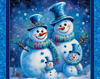 SNOW FAMILY Fabric Quilt Panel 36&quot; x 45&quot;, Christmas, Holiday, Snow, Snowman