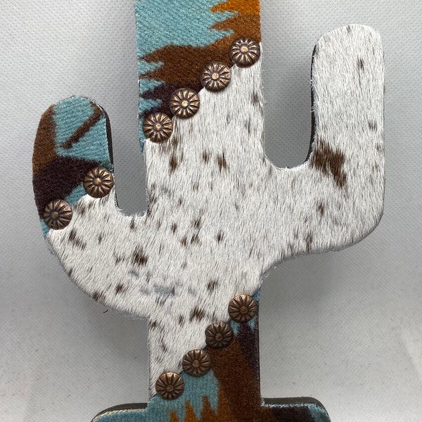 Cowhide & Wool Western Cactus Shelf Decor