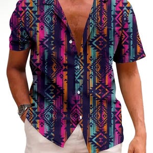 May include: A short-sleeved button-down shirt with a colorful geometric pattern. The shirt has a relaxed fit and a collar.