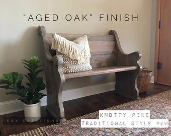 IN STOCK: Aged Oak - Church Pew Bench / Foyer, Entryway Furniture, Farmhouse Design, Dining Seating, Pew, Wooden Bench