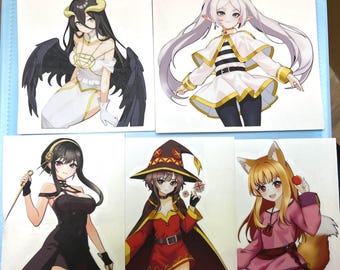 May include: Five anime-style character illustrations on white cards. The characters include a woman with black wings, a woman with long white hair, a woman in a black dress, a woman in a red outfit, and a woman with fox ears.