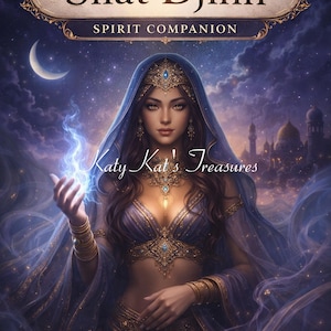 May include: Digital art of a woman in a blue and gold outfit, holding blue energy. The image has text that reads "Tier 1 Female Silat Djinn Spirit Companion" and "Katy Kat's Treasures". The bottom of the image reads "Insight Opportunity Energetic Alignment".