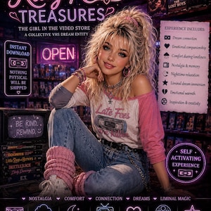 以下が含まれることがあります： デジタル体験「Katy Kat's Treasures」のプロモーション画像。80年代風の服装をした女性が、VHSテープとネオンサインに囲まれています。「インスタントダウンロード」と「自己活性化体験」というテキストが含まれています。テーマはノスタルジアと、VHSの夢の集合体です。