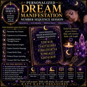 Könnte beinhalten: Eine digitale Service-Anzeige für eine personalisierte Traummanifestations-Zahlenfolgen-Sitzung. Die dunkelviolette Grafik zeigt goldenen Text, eine Liste von Vorteilen, eine Kerze, Kristalle und fünf Zeilen mit Zahlenfolgen.