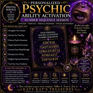 May include: A digital service advertisement for a personalized psychic ability activation number sequence session. The dark purple graphic features gold text, an eye illustration, a lit candle, crystals, and a list of spiritual benefits.