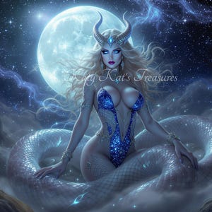 May include: Digital art of a celestial figure with blonde hair, horns, and a blue jeweled bodysuit, seated on a serpent-like form. A full moon and starry sky form the backdrop. The image is signed "Katy Kat's Treasures".