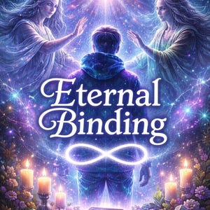 Pode incluir: Ilustração digital de uma cena cósmica com uma figura com capuz, ladeada por seres etéreos. O texto "Eternal Binding" é proeminente, com um símbolo de infinito. Velas, flores e um livro com uma gema na parte inferior, tudo sobre um fundo estrelado.