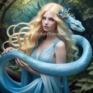 Könnte beinhalten: Digitales Kunstbild einer Frau mit langem blondem Haar und blauen Augen, die ein fließendes blaues Kleid trägt. Eine blaue Schlange windet sich um sie, ihr Kopf ruht in der Nähe ihrer Schulter. Der Hintergrund zeigt üppiges Grün und sanfte Beleuchtung.