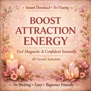 May include: A digital download graphic with the words "BOOST ATTRACTION ENERGY" in maroon. The image features a lit candle, crystals, and floral decorations. Text includes "Instant Download" and "Feel Magnetic & Confident Instantly."