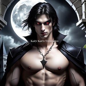 Könnte beinhalten: Digitales Kunstwerk eines Vampirs mit langen schwarzen Haaren und roten Augen, der einen schwarzen Umhang und eine Halskette trägt. Der Hintergrund zeigt einen Vollmond, ein Schloss und einen Torbogen mit Efeu. Der Text "Katy Kat's Treasures" ist sichtbar.