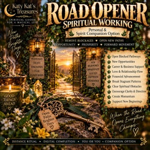 May include: A digital graphic for a Road Opener spiritual working service. The image features an ornate antique-style key, a candle labeled Good Things Ahead, and text detailing spiritual benefits like removing blockages and opening new paths.