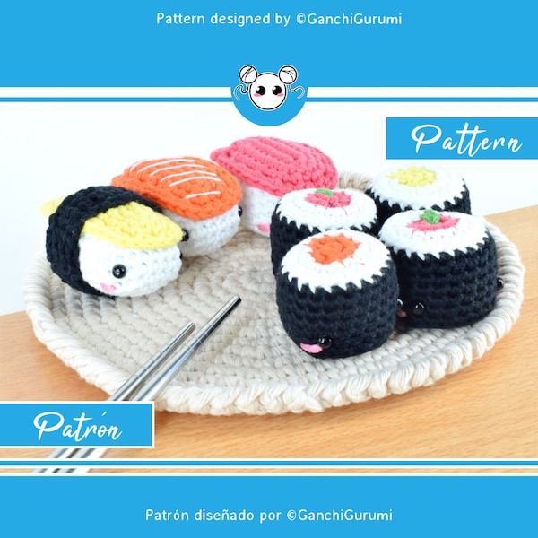 Sushi pack, sushi set, sushi pattern, amigurumi, crochet pattern, sushi food, sushi plush kawaii, maki pattern, nigiri pattern, kawaii food