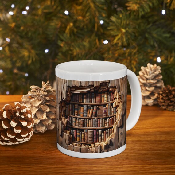3D Holz Wand Bücherregal Design | Kaffee Tasse | Geschenk für Buch-Liebhaber | Lesebegeisterte Literatur Geschenk | Keramik-Tassen