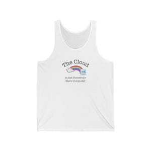 May include: White vest top featuring the text "The Cloud is just Somebody Else's Computer" in black script. A rainbow and a computer graphic are above the text. The vest top is made of a soft, lightweight material.