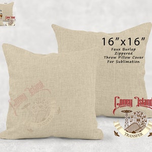 May include: Two 16x16 inch beige faux burlap throw pillow covers with a zipper closure. The pillow covers are designed for sublimation and feature a Coney Island theme with a vintage-style graphic and the text "TRANSFER".