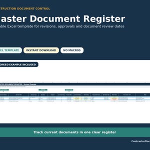 May include: A digital Master Document Register Excel template for construction document control. The dark blue graphic displays the title, features like instant download and no macros, and a preview of a spreadsheet with columns for document status.