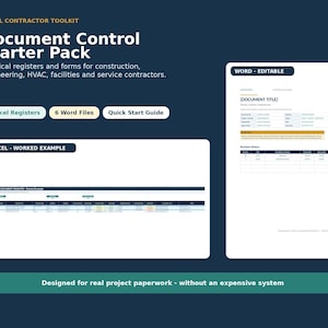 Könnte beinhalten: Ein Dokumenten-Kontroll-Starterpaket für Auftragnehmer mit sieben Excel-Registern, sechs Word-Dateien und einer Schnellstartanleitung. Das Layout zeigt ein Beispiel für ein Master-Dokumentenregister und eine bearbeitbare Word-Vorlage auf blauem Grund.
