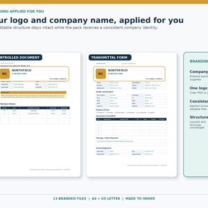 Könnte beinhalten: Eine digitale Anzeige mit zwei Geschäftsdokumentvorlagen, beschriftet als Controlled Document und Transmittal Form, mit dem Northfield Contracting Logo, Textfeldern und einer Branding-Seitenleiste mit Anweisungen für Firmennamen und Logo.