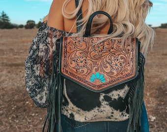 Ace High Bonnie Backpack a Haute Southern Hyde by Beth Marie Cowhide Fringe Backpack