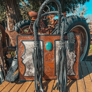 Cowhide Leather Tooled Tote: Western Fashion Purse with Faux Turquoise