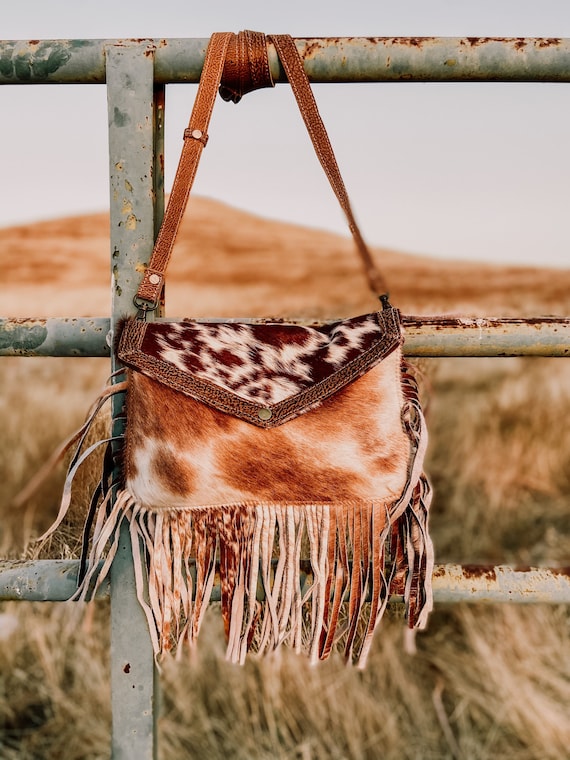 cowhide crossbody purse with fringe