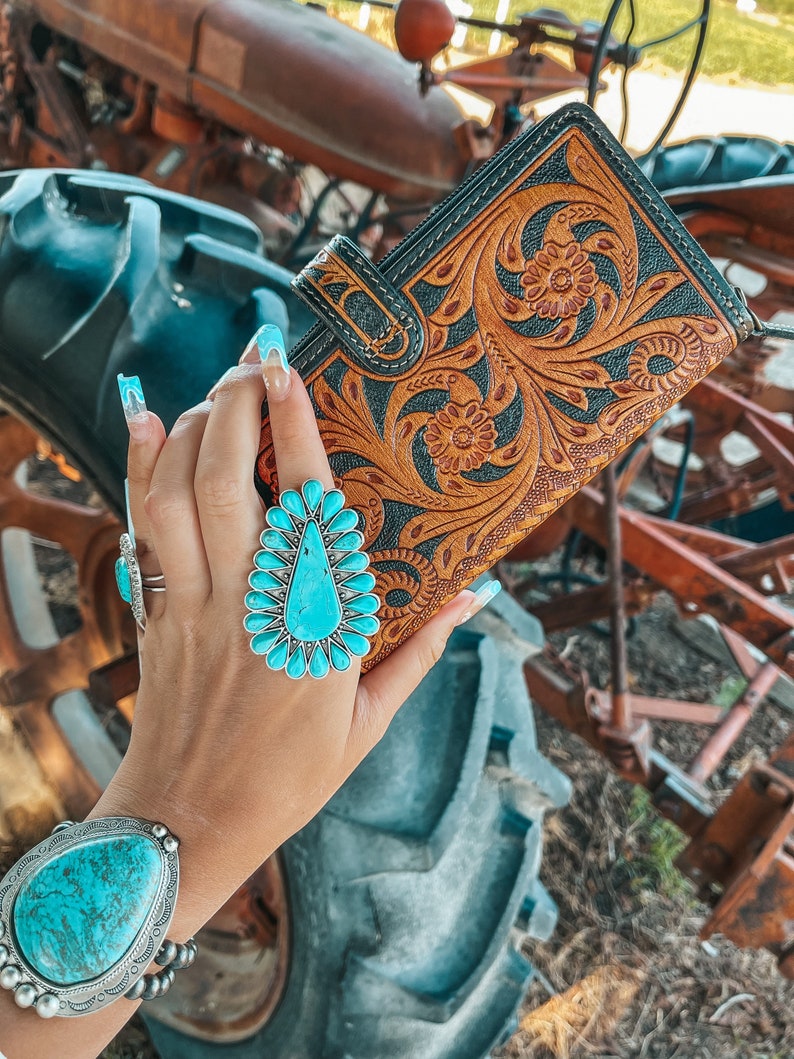 Genuine Leather Tooled Womens Western Wallet Faux Turquoise Etsy