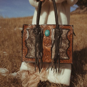 Cowhide Leather Tooled Tote: Western Fashion Purse with Faux Turquoise