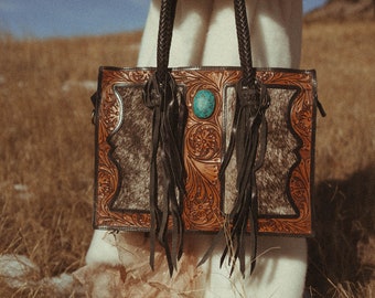 The Roper , a Haute Southern Hyde by Beth Marie Exclusive Cowhide Leather Tooled Tote with Faux Turquoise