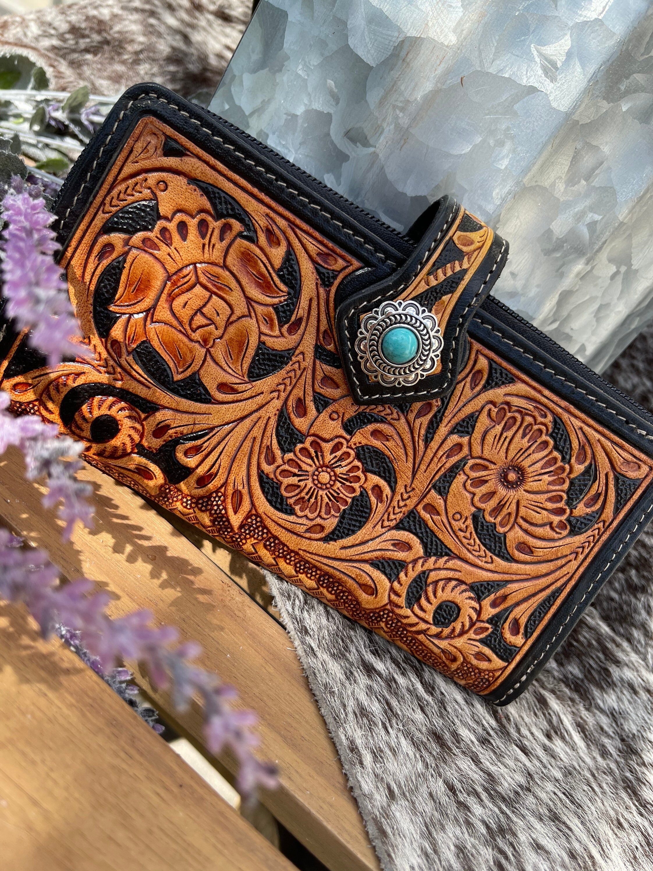 Genuine Leather Tooled Womens Western Wallet Faux Turquoise Etsy
