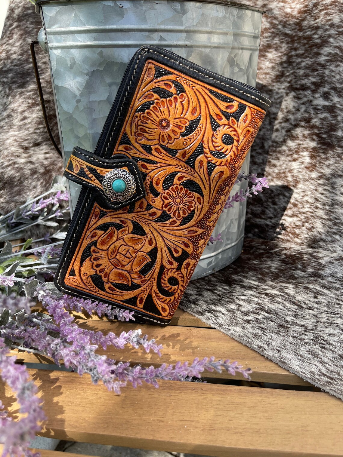 Genuine Leather Tooled Womens Western Wallet Faux Turquoise Etsy