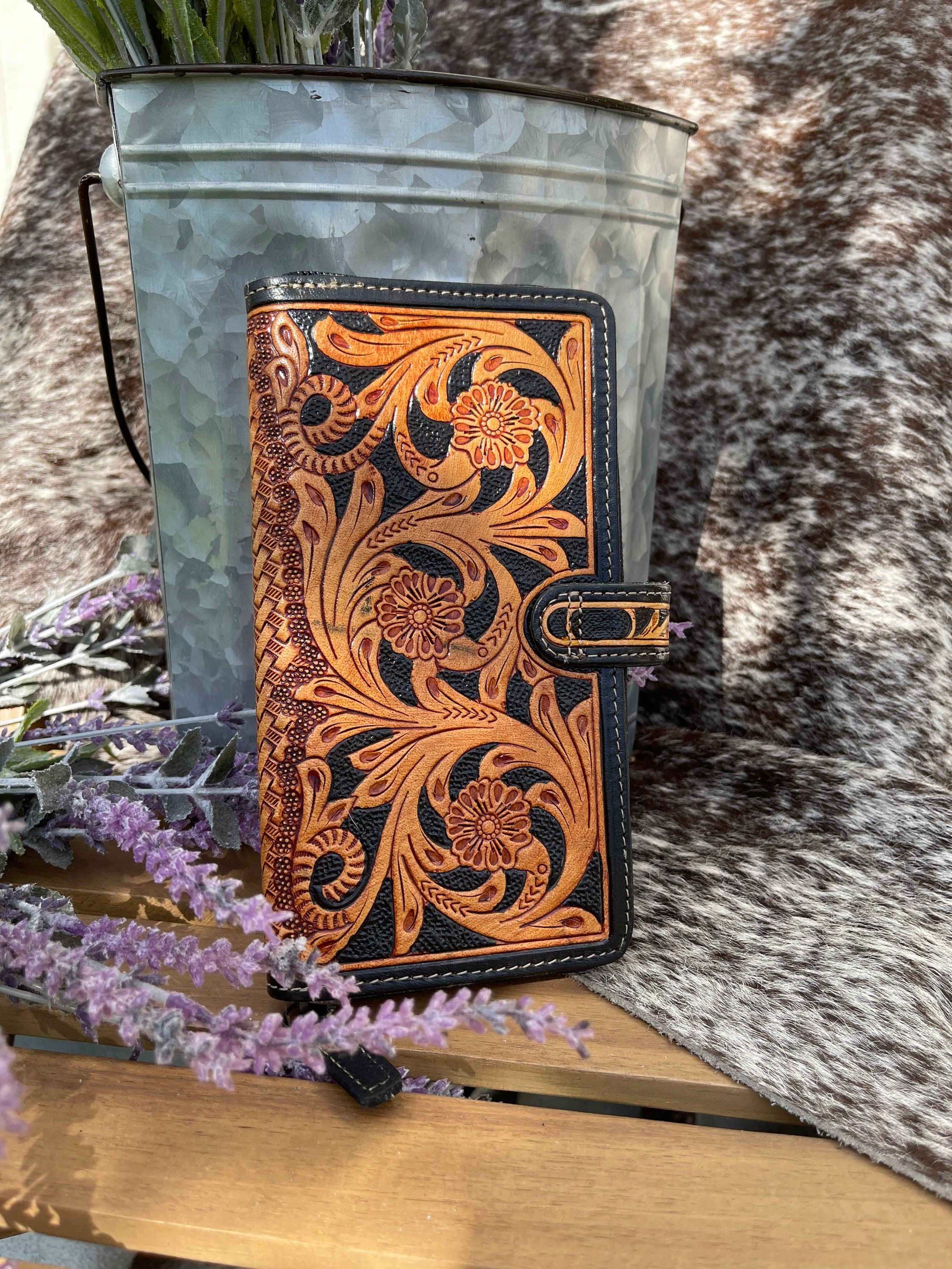 Genuine Leather Tooled Womens Western Wallet Faux Turquoise Etsy