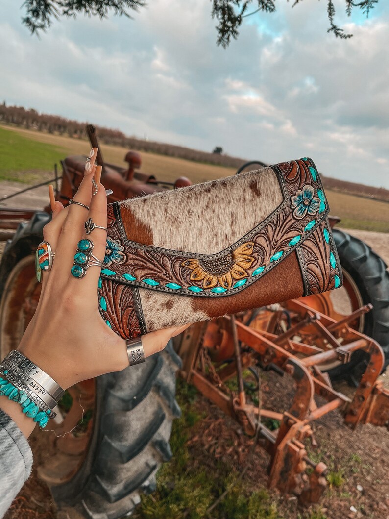 Genuine Tooled Leather and Cowhide Sunflower Wallet 