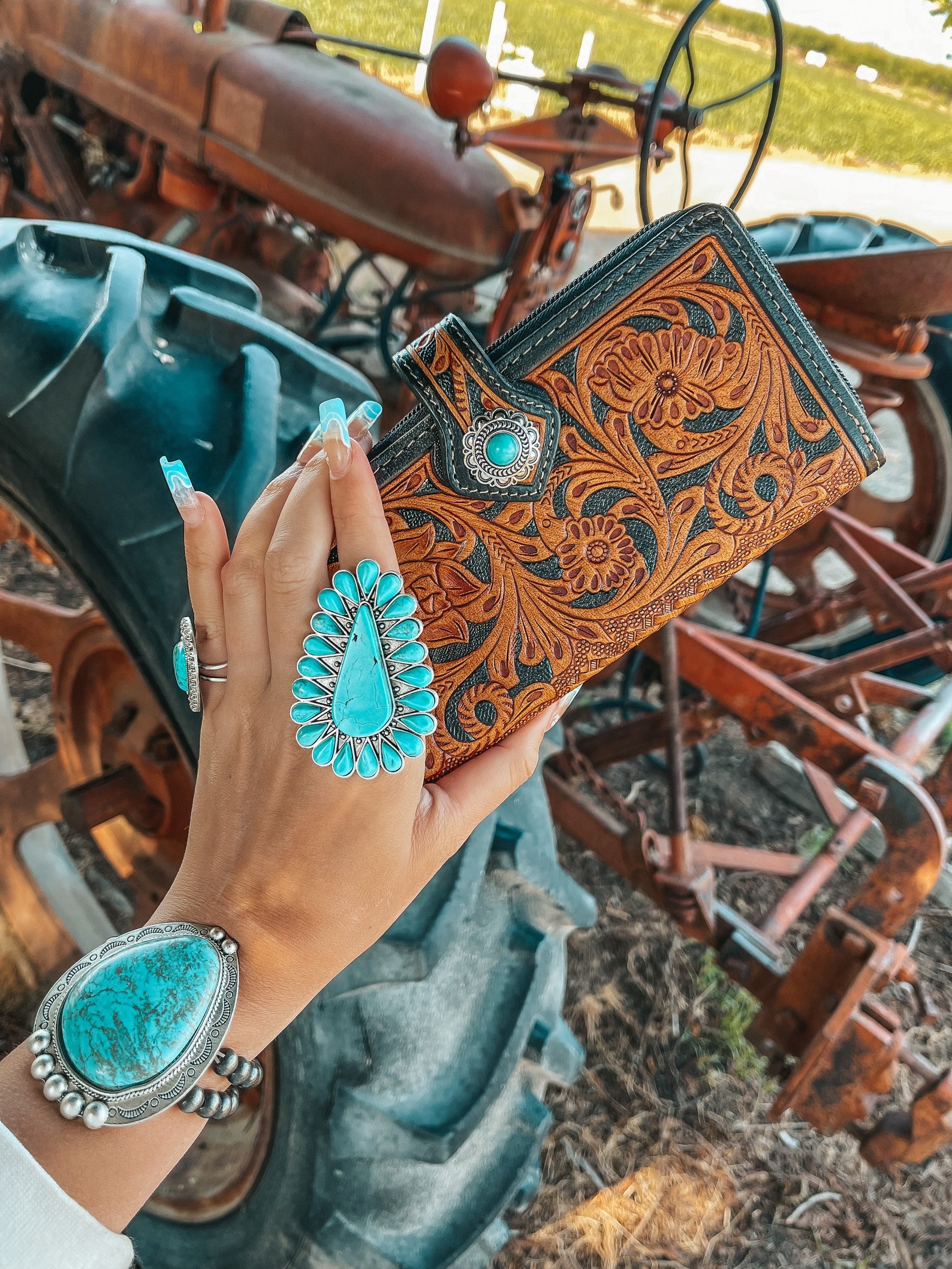 Genuine Leather Tooled Womens Western Wallet Faux Turquoise Etsy