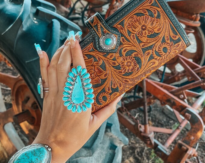 Genuine Leather Tooled Womens Western Wallet Faux Turquoise Etsy