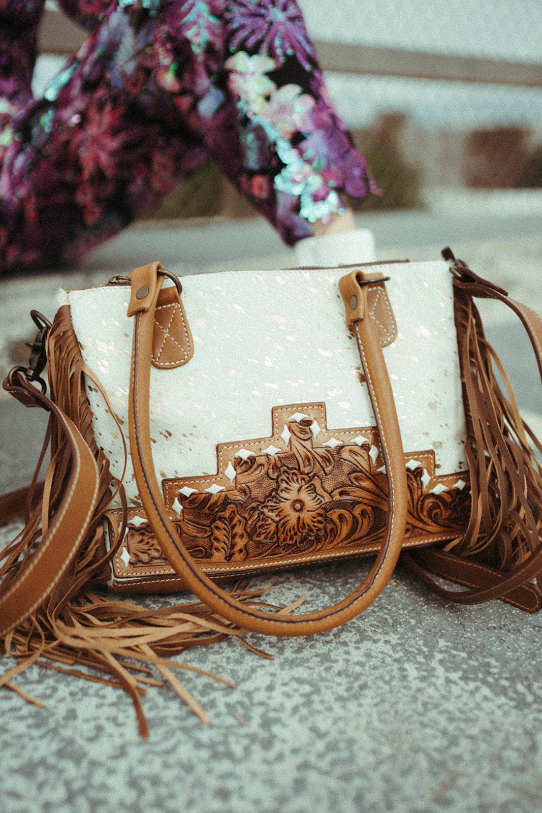 Serrano Tooled Leather Cowhide Fringe Purse 