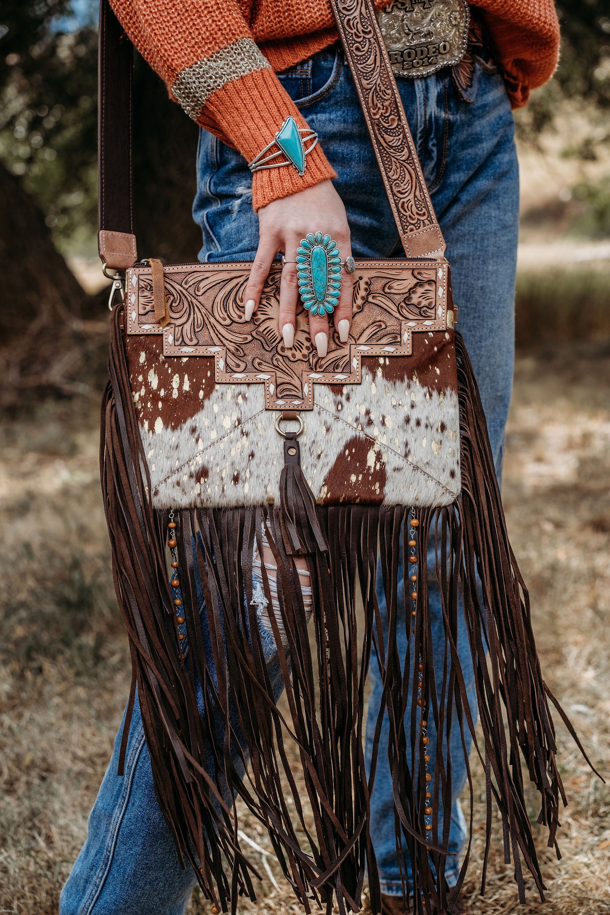 Beth Leather Tooled Fringe Bag