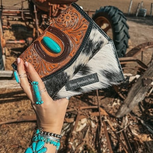 The Nashville Wallets a Haute Southern Hyde by Beth Marie Exclusive Cowhide Tooled Turquoise