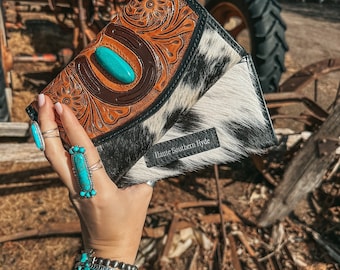 The Nashville Wallets a Haute Southern Hyde by Beth Marie Exclusive Cowhide Tooled Turquoise