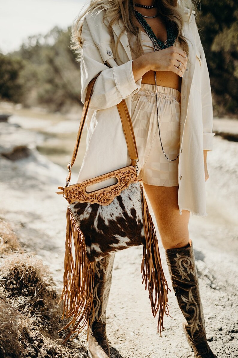Genuine Tooled Leather and Cowhide Fringe Western Fashion - Etsy