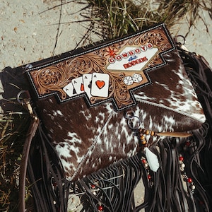 Cowboys and Rodeos a Haute Southern Hyde by Beth Marie Exclusive Cowhide Fringe Tooled Purse