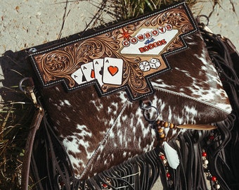 Cowboys and Rodeos a Haute Southern Hyde by Beth Marie Exclusive Cowhide Fringe Tooled Purse