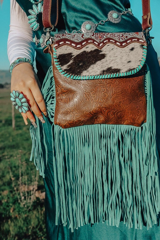 Raviani Wristlet Bag with Mixed Fringe in Brown and Turquoise Longhorn Leather Made in USA Bags & Purses Handbags Wristlets 