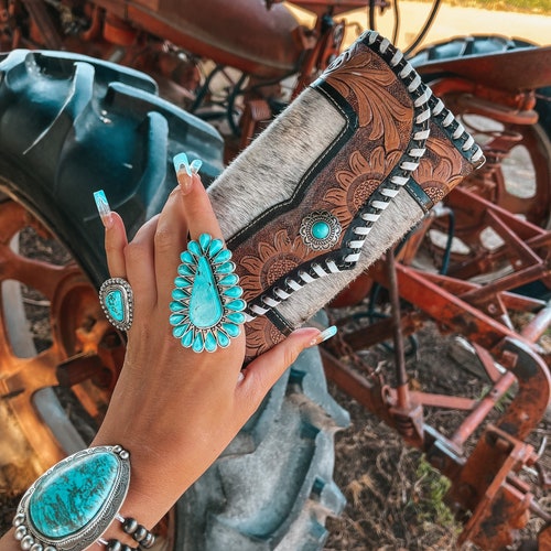 Genuine Leather Tooled Womens Western Wallet Faux Turquoise Etsy