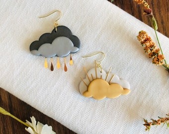 Clay cloud earrings, gold accented, statement earrings, storm cloud earrings, sunny earrings