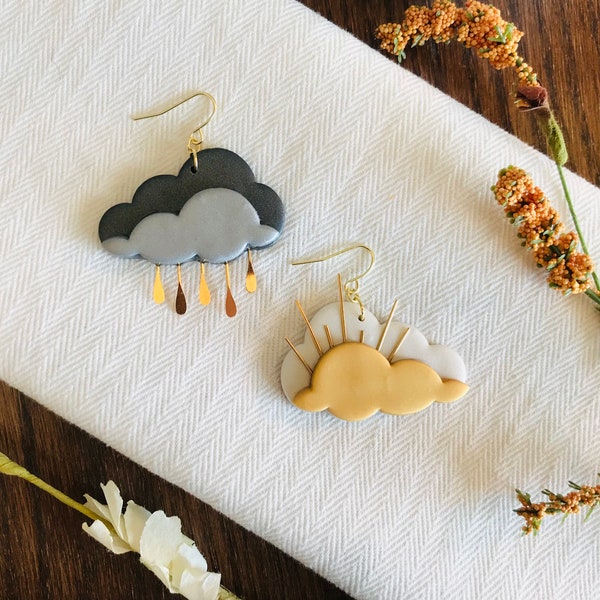 Clay cloud earrings, gold accented, statement earrings, storm cloud earrings, sunny earrings