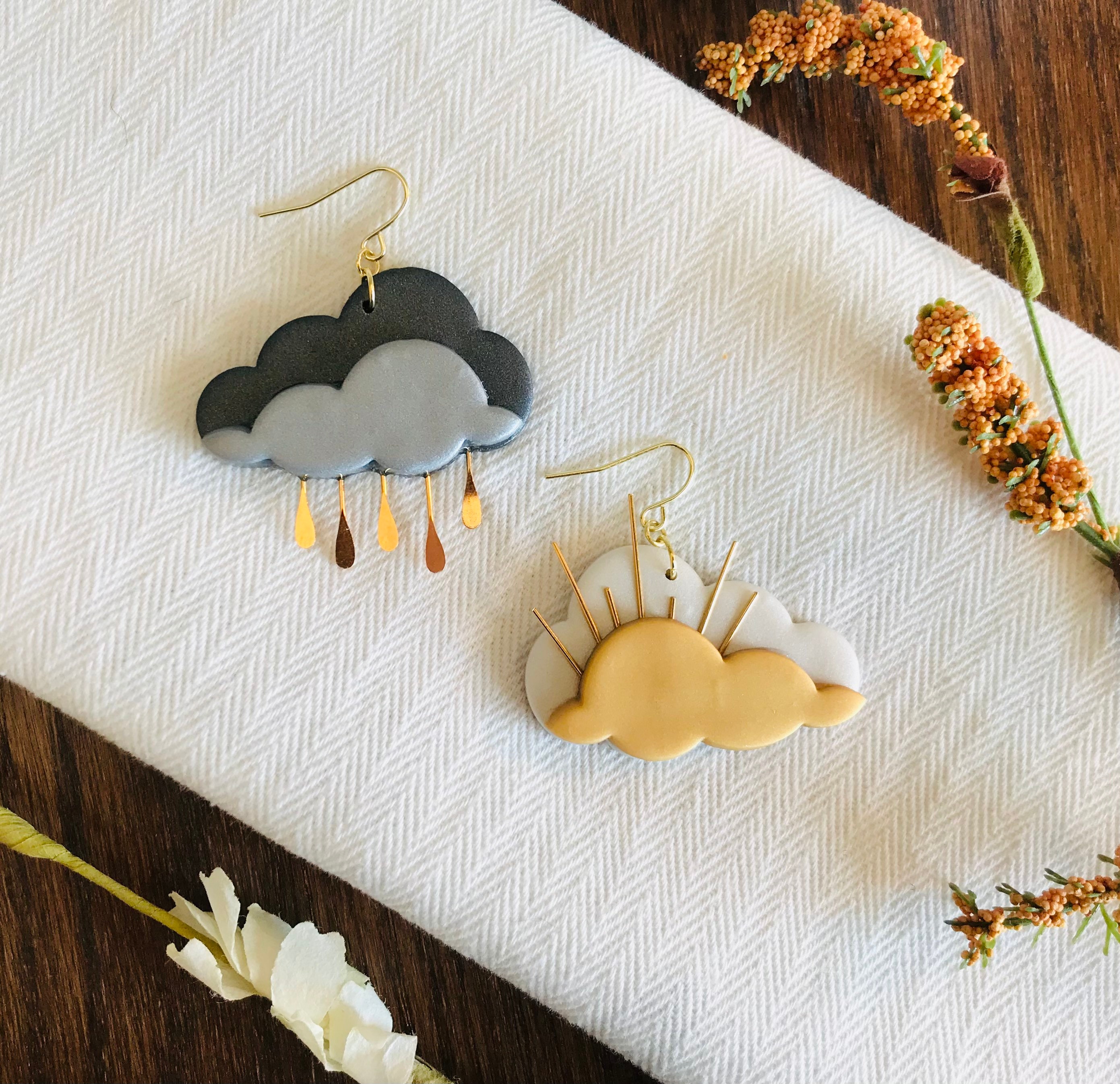 Clay cloud earrings gold accented statement earrings storm cloud earrings sunny earrings