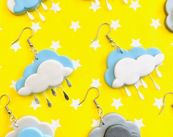 Rainy Day Earrings, Clay Earrings, Cloud Earrings, Cute Earrings, Rain Earrings, Statement Earrings