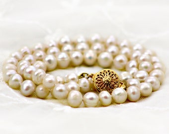 Süßwasserperlenkette, klassische Perlenkette, Hochzeitsperlen, echte Perlenkette, Halskette Geschenk für Sie, Vintage Perlenkette