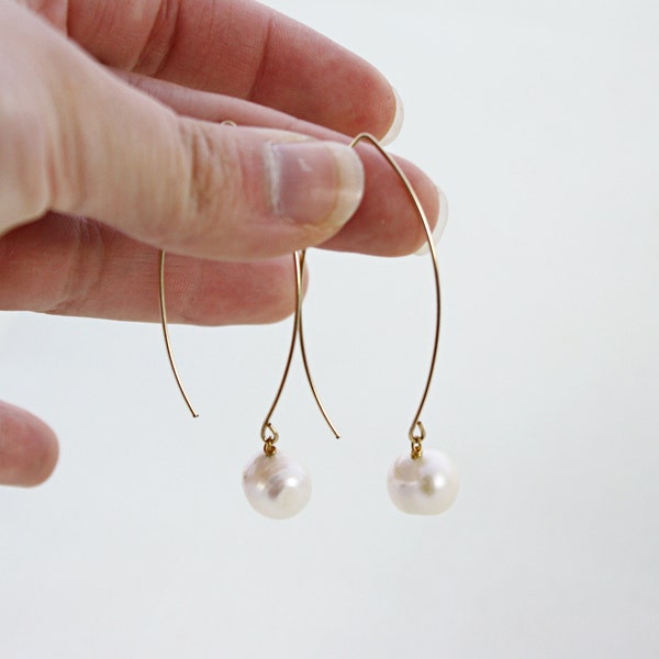 French Wire Pearl Earrings, Freshwater Pearl Earrings, 14K Gold Earrings, Open Hoop, Arc Earrings, Pearl Drop Earrings, Marquise Earrings